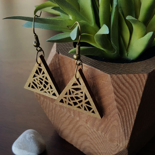 Wooden Gold Triangle Dangle Earrings